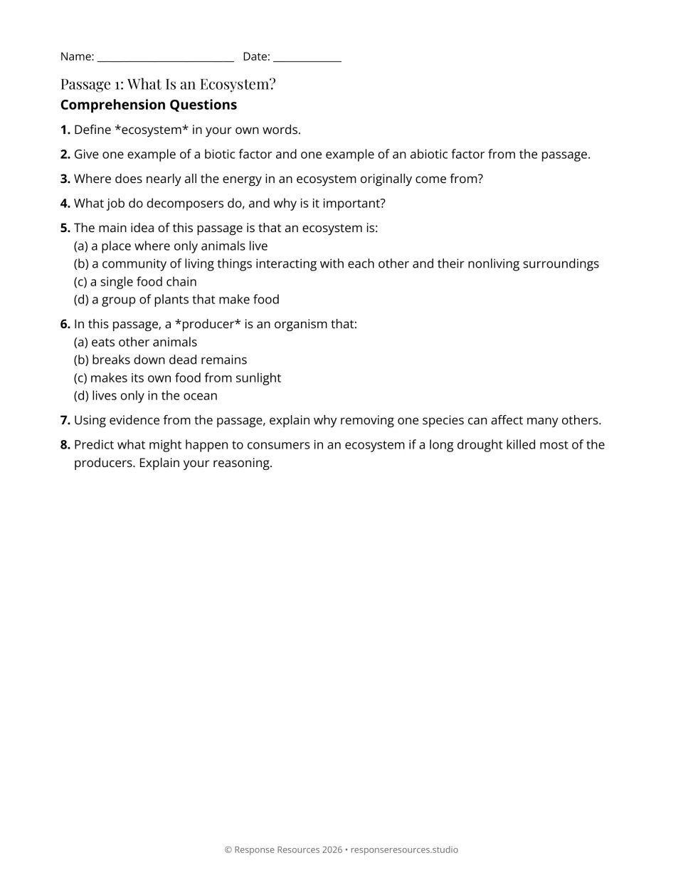 Ecosystem comprehension questions: students define terms, pick the main idea and cite evidence about losing one species