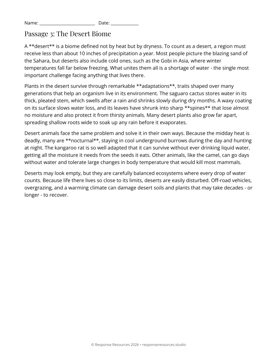 Passage 3, The Desert Biome: text on dryness, saguaro cactus adaptations, nocturnal animals and the kangaroo rat