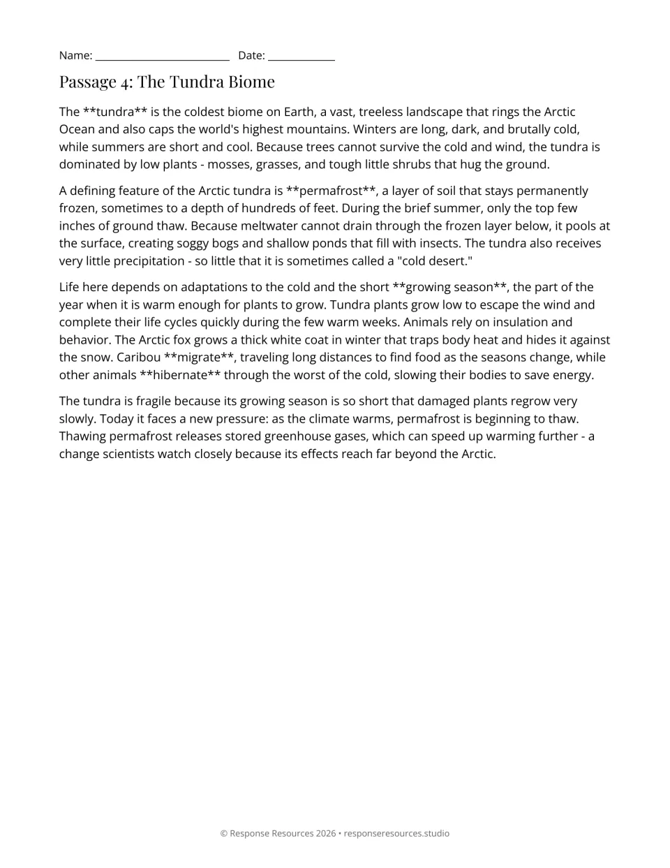Passage 4, The Tundra Biome: text on permafrost, short growing season, Arctic fox, caribou migration and thawing ground