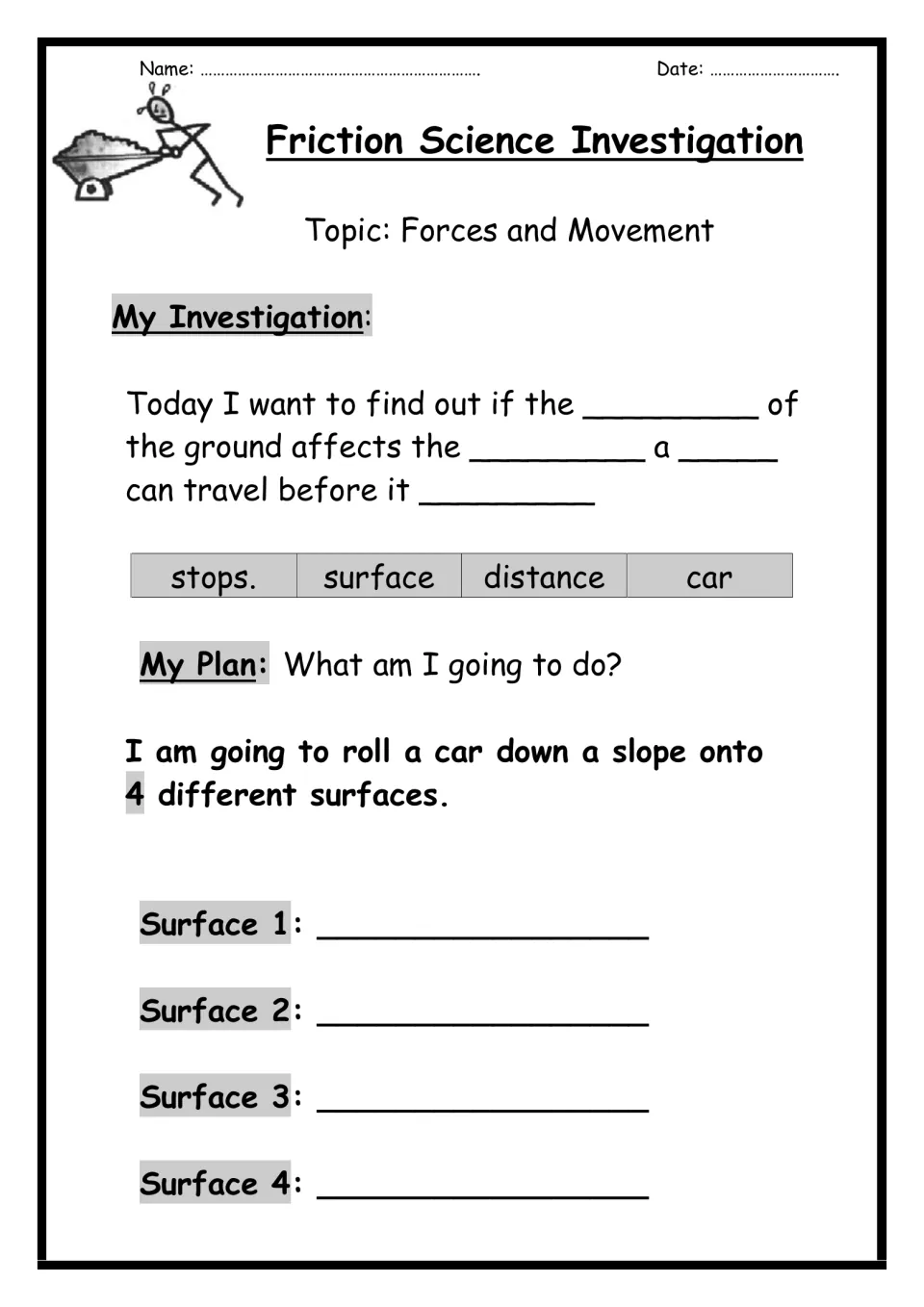 Friction investigation: students fill in the aim from a word bank, then plan rolling a car down a slope onto 4 surfaces