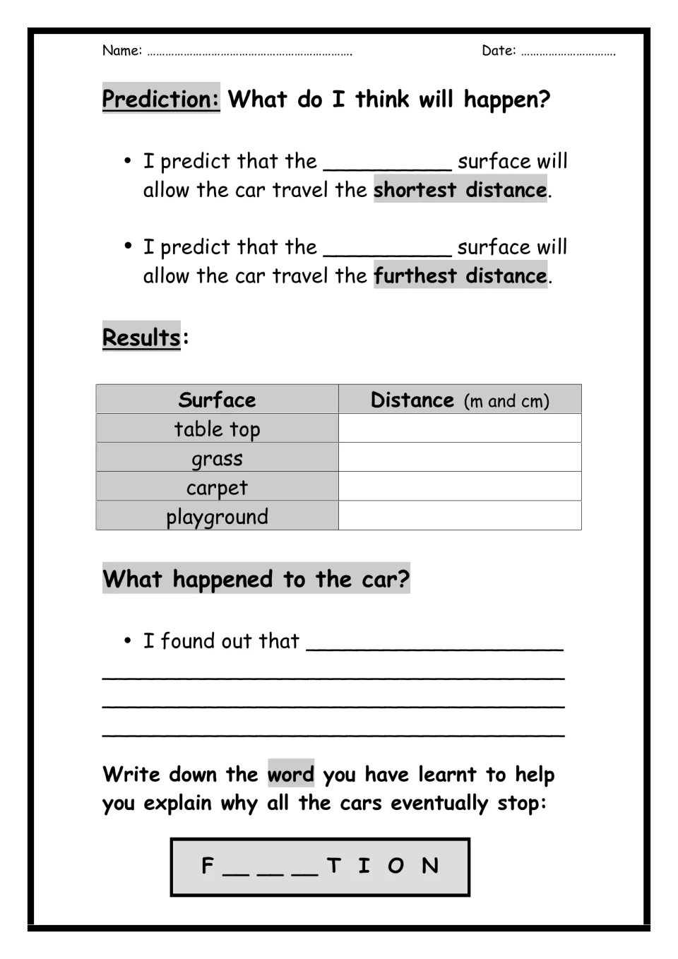 Friction results: students predict shortest and furthest runs, record distances on 4 surfaces and explain why cars stop