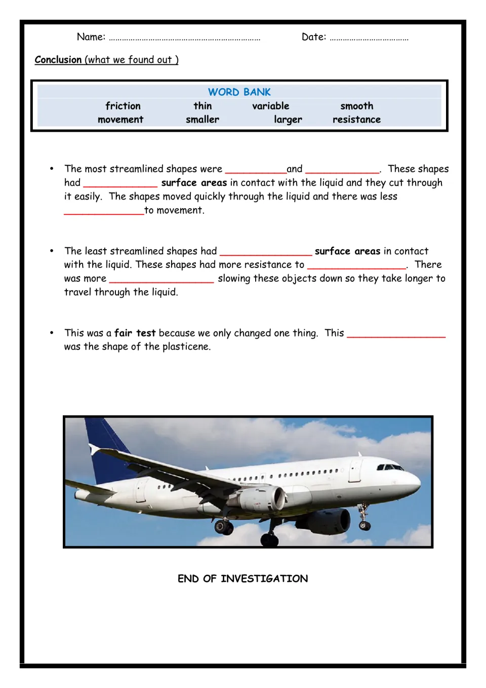 Streamlining conclusion: students use a word bank to explain surface area, friction and the fair-test variable
