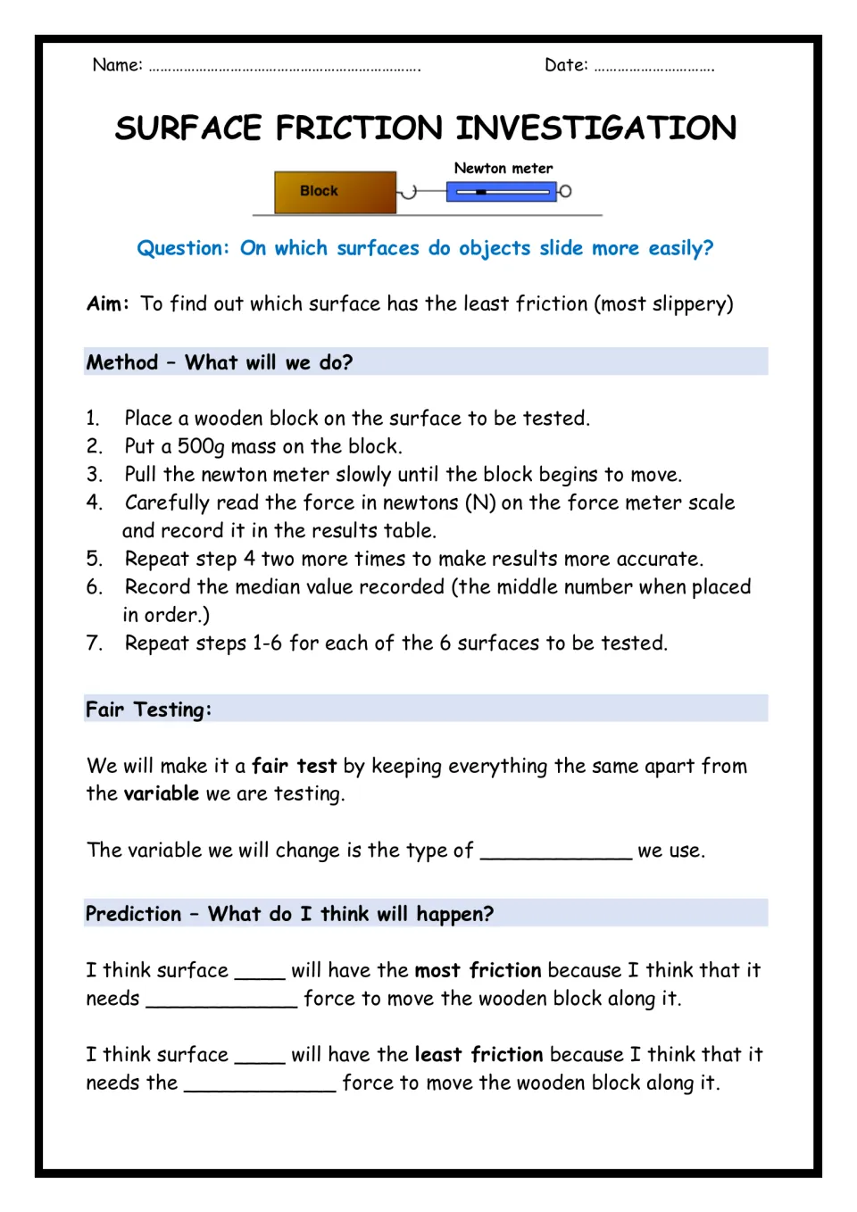 Surface friction investigation plan: students read the newton meter method, name the variable and predict friction