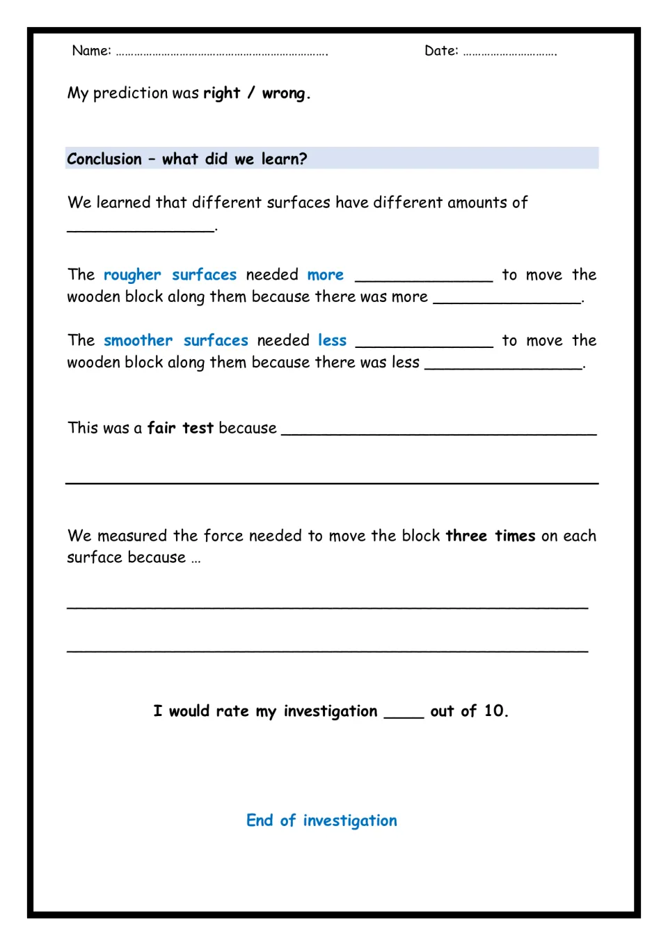 Friction conclusion: students judge their prediction, fill blanks on rough vs smooth surfaces and explain fair testing
