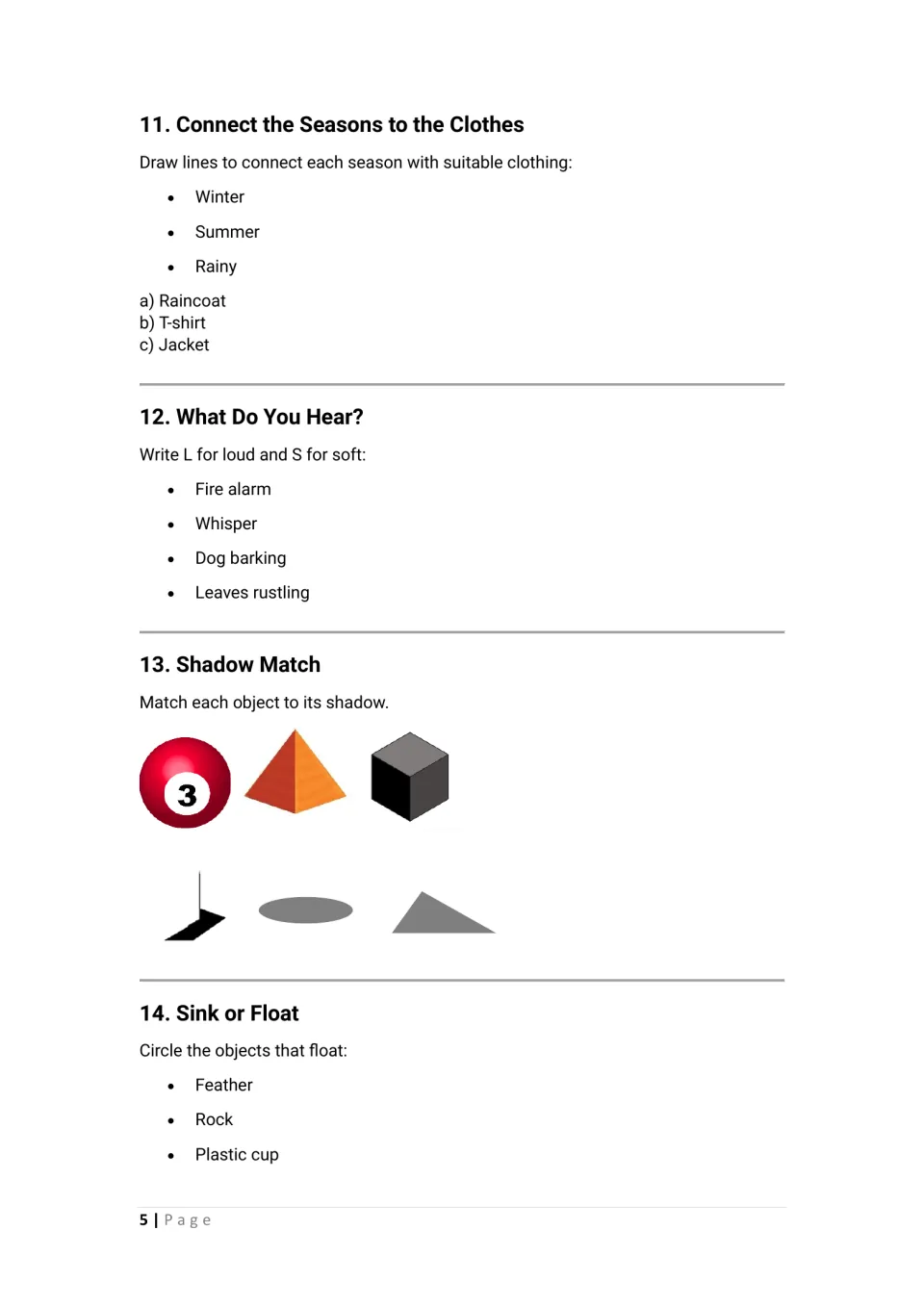 Science activities 11–14: match seasonal clothes, classify sounds, match object shadows, and identify floating objects