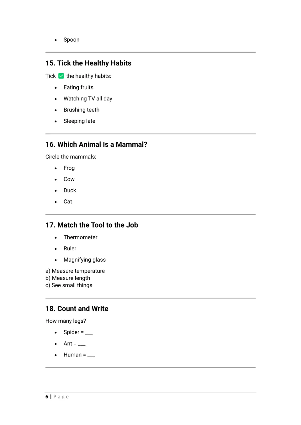 Science activities 14–18: finish floating choices, select healthy habits and mammals, match tools, and count legs