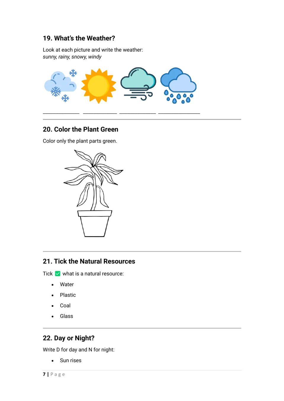 Science activities 19–22: name pictured weather, color plant parts green, select natural resources, and begin day or night