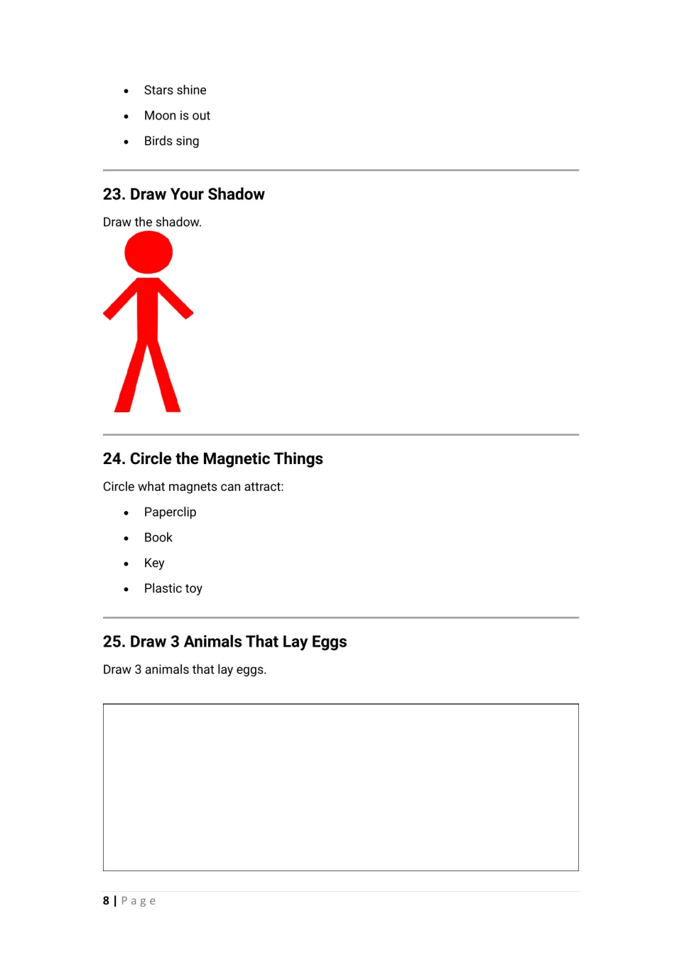 Science activities 22–25: finish day or night, draw a person's shadow, select magnetic objects, and draw egg layers
