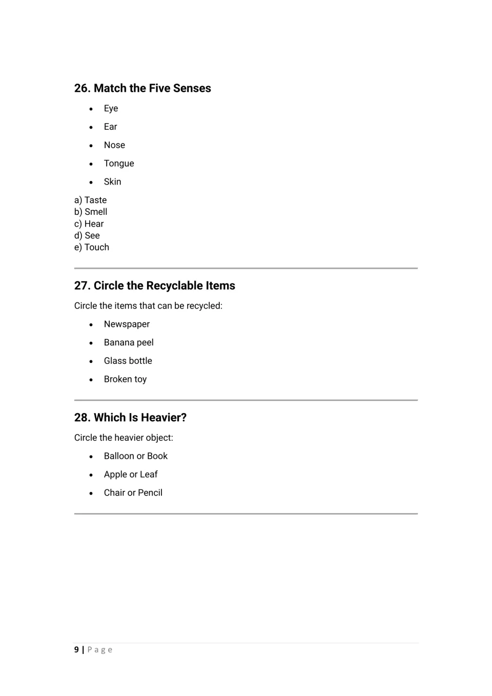 Science activities 26–28: match five senses to body parts, circle recyclable items, and compare heavier objects