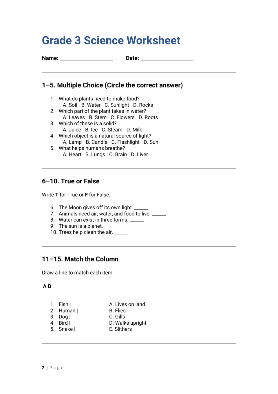 Science review 1-15: multiple choice on plants, solids and light, true or false facts, and matching animals to traits