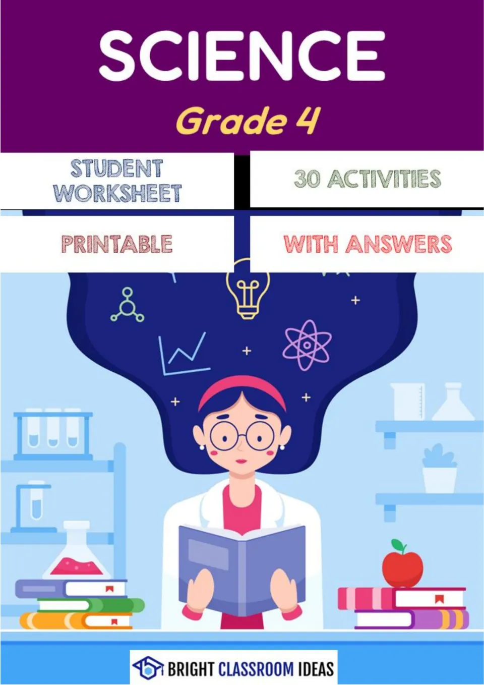 Grade 4 science worksheet cover identifying 30 printable activities with answers from Bright Classroom Ideas