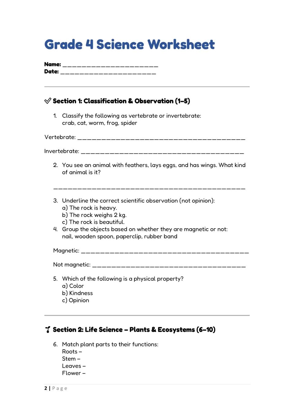 Science review questions 1–6: animal classification, observations, magnetism, properties, and plant parts