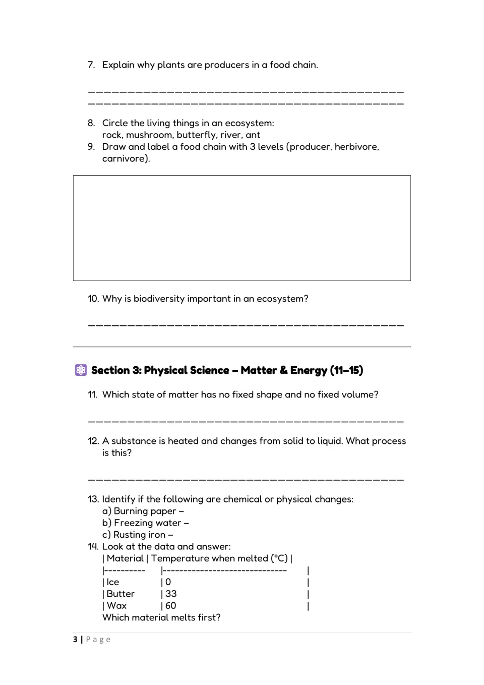 Science review questions 7–14: producers, food chains, biodiversity, states of matter, and melting data