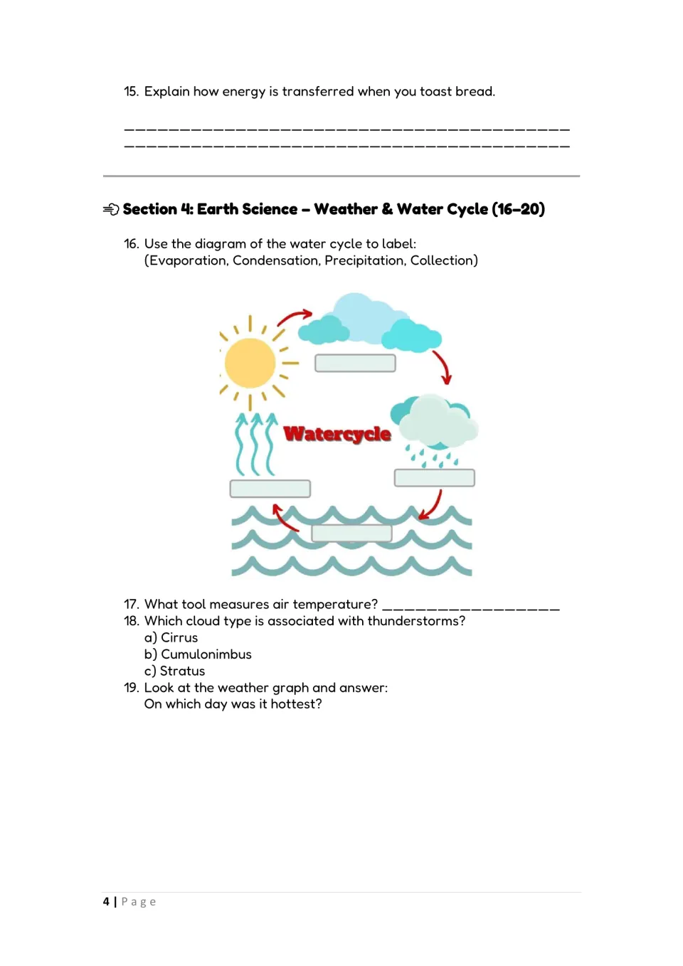 Science review questions 15–19: toasting bread, labeling the water cycle, temperature tools, and clouds