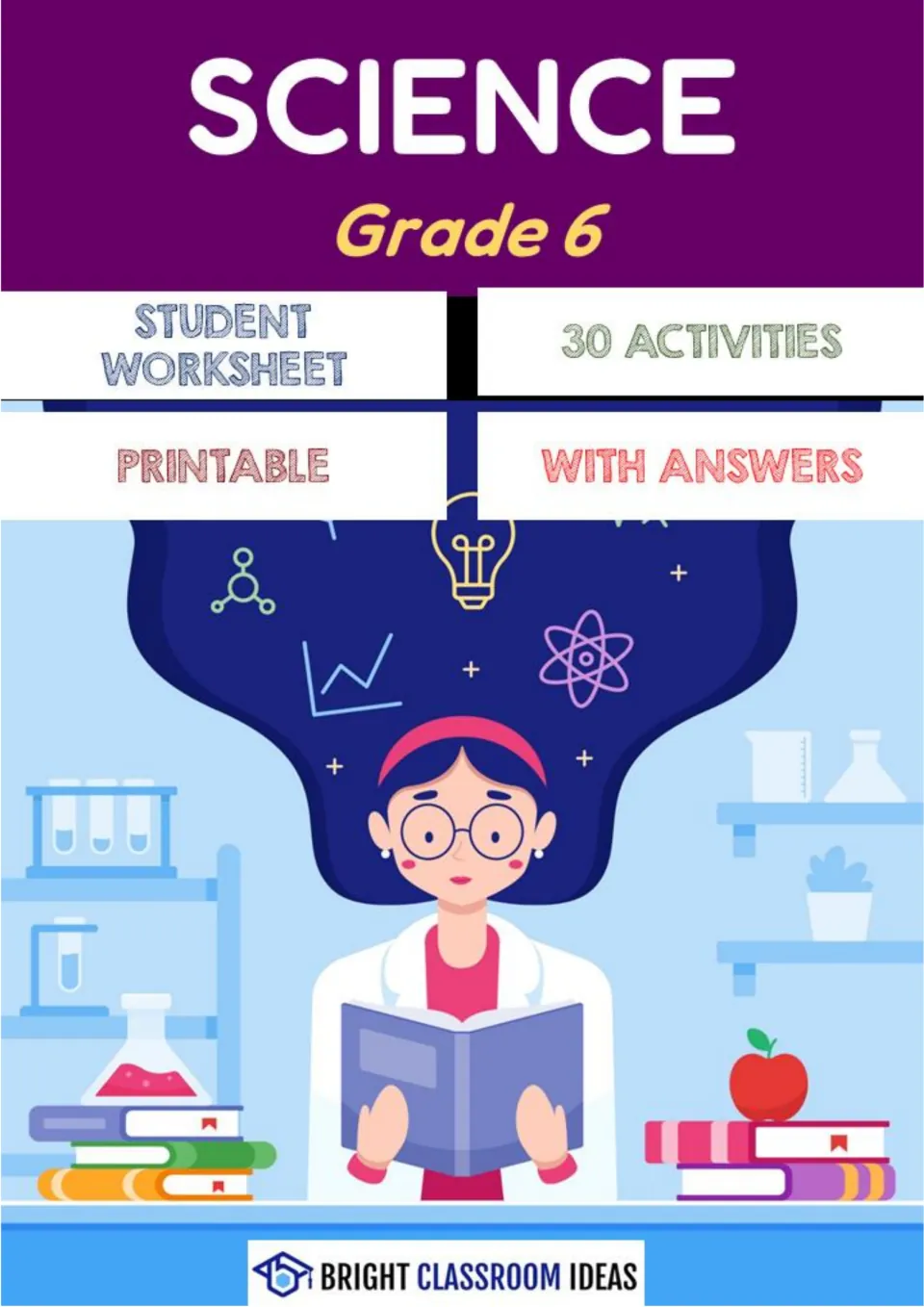 Cover of the Grade 6 science worksheet pack advertising 30 printable activities with answers.