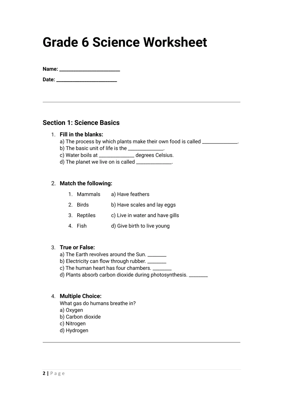 Science basics activities 1–4: fill-in-the-blanks, animal matching, true or false, and a gas question.