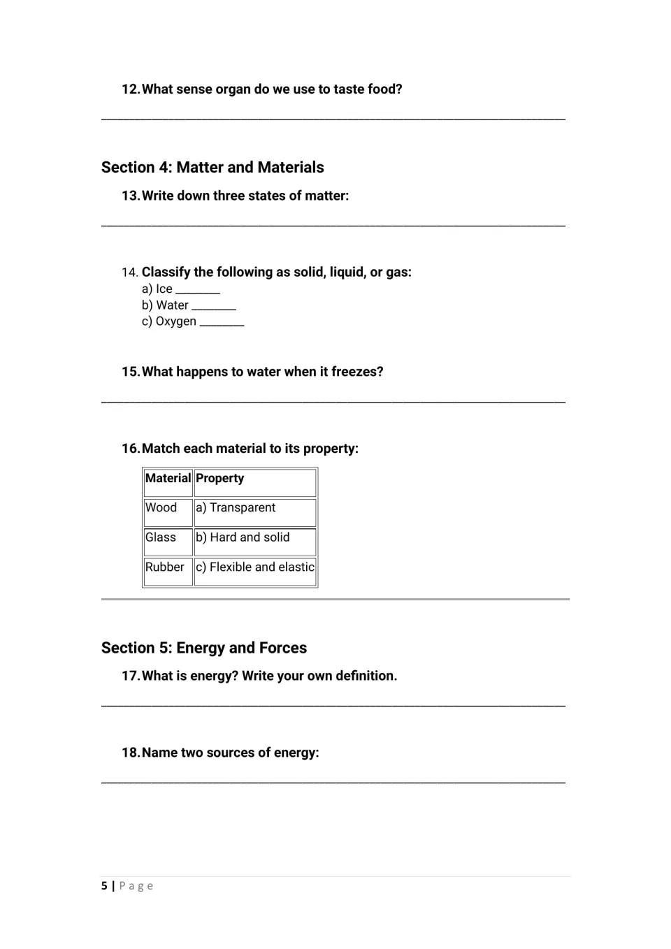 Science activities 12–18 cover taste, states of matter, freezing water, material properties, and energy.
