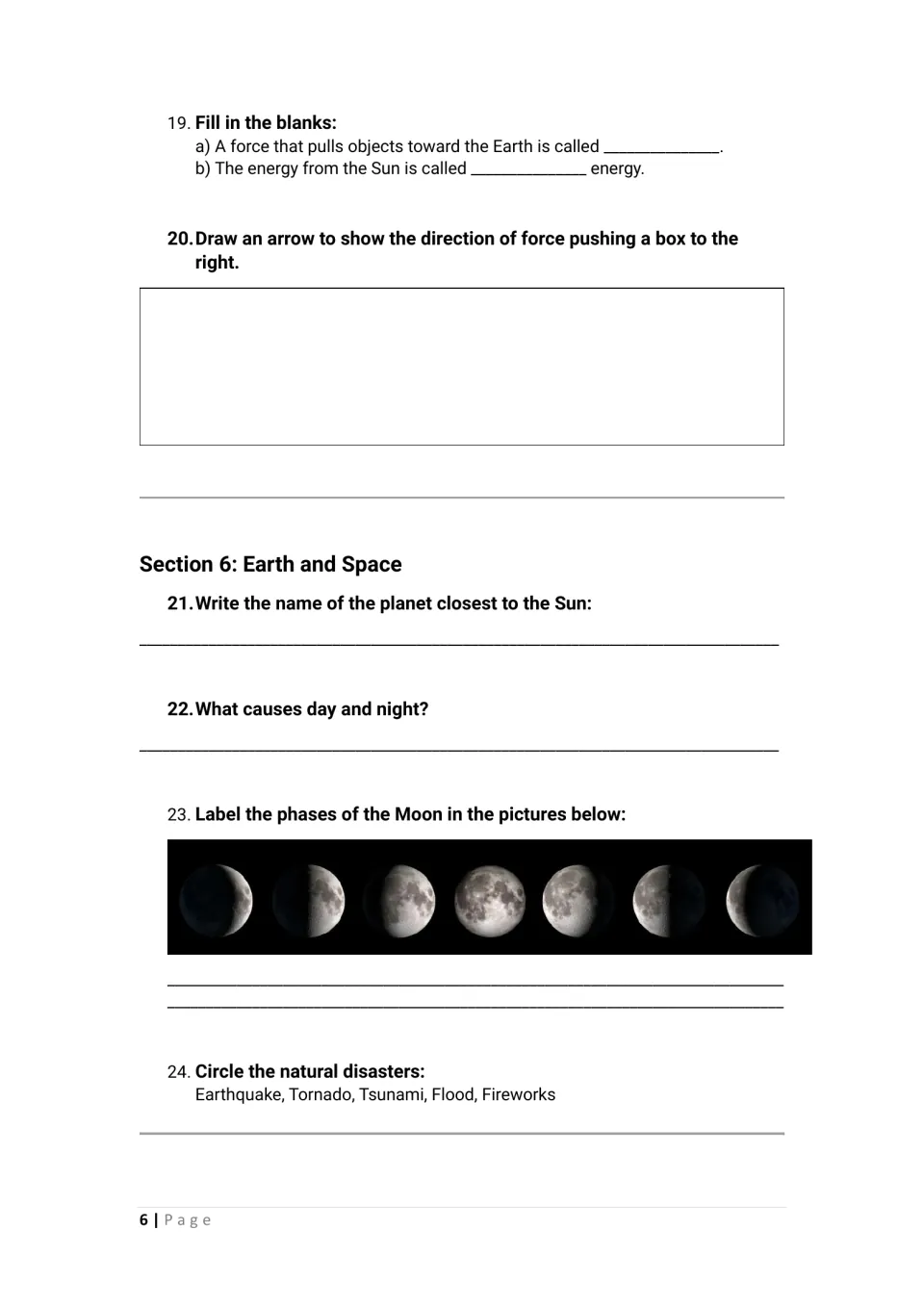 Science activities 19–24 cover gravity, solar energy, force direction, planets, day and night, and Moon phases.