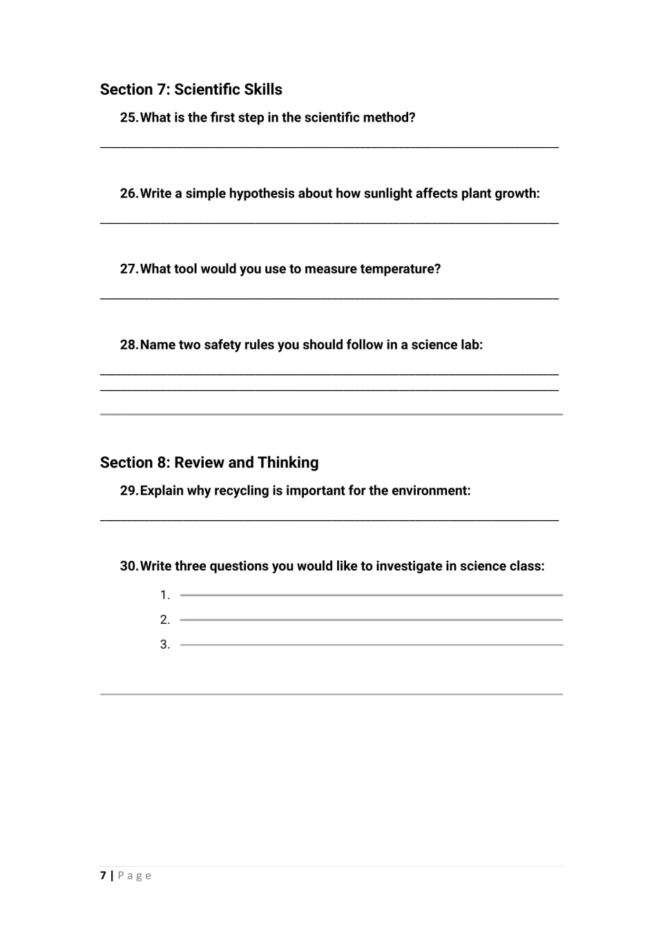 Science activities 25–30 cover hypotheses, temperature tools, lab safety, recycling, and investigation questions.
