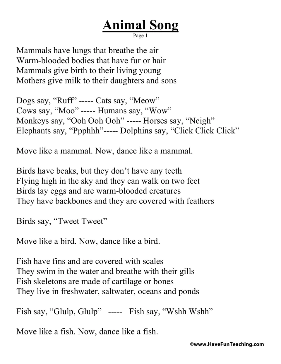 Lyrics page 1 of 2: mammal, bird, and fish traits, animal sounds, and prompts to move and dance.