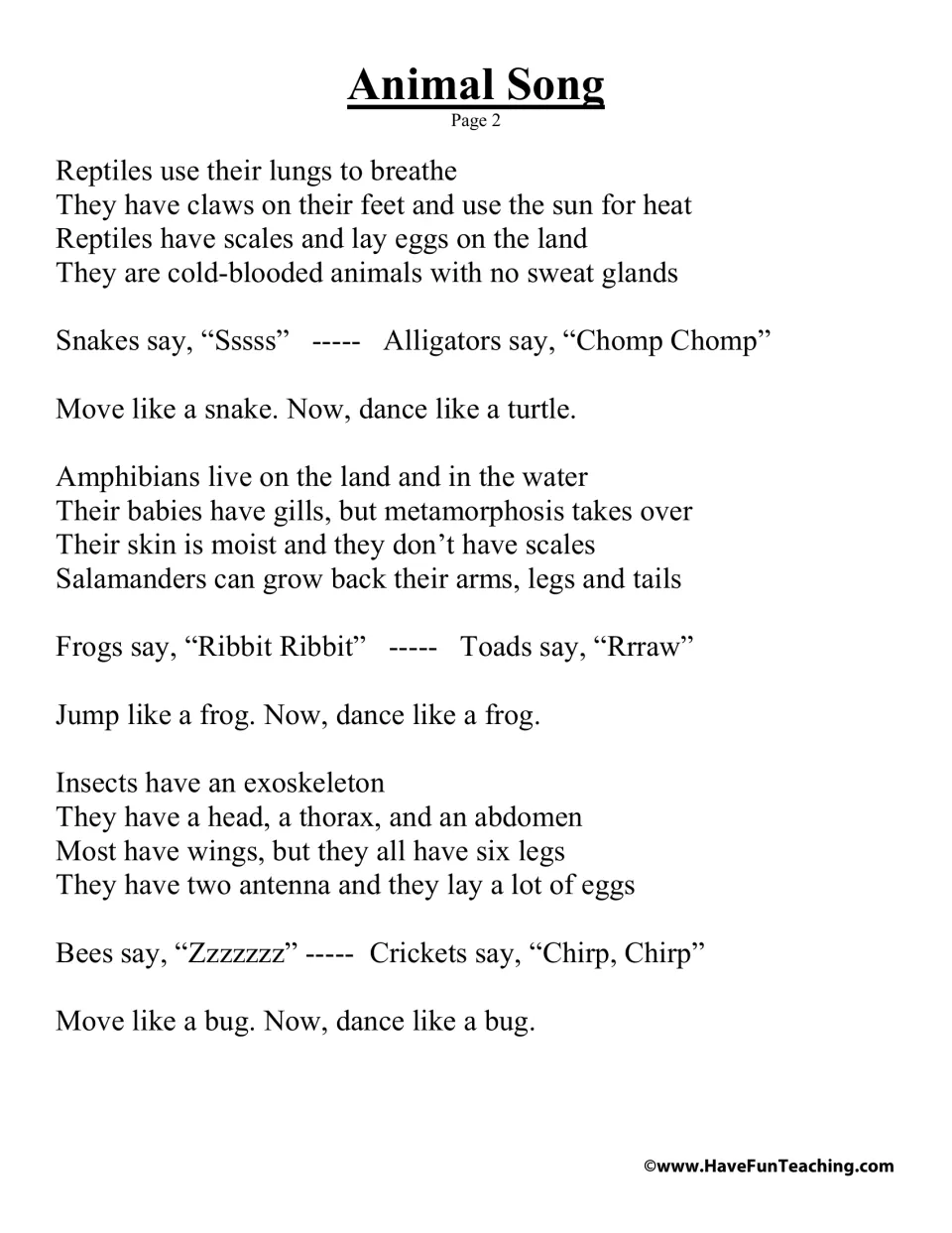 Lyrics page 2 of 2: reptile, amphibian, and insect traits, animal sounds, and movement prompts.