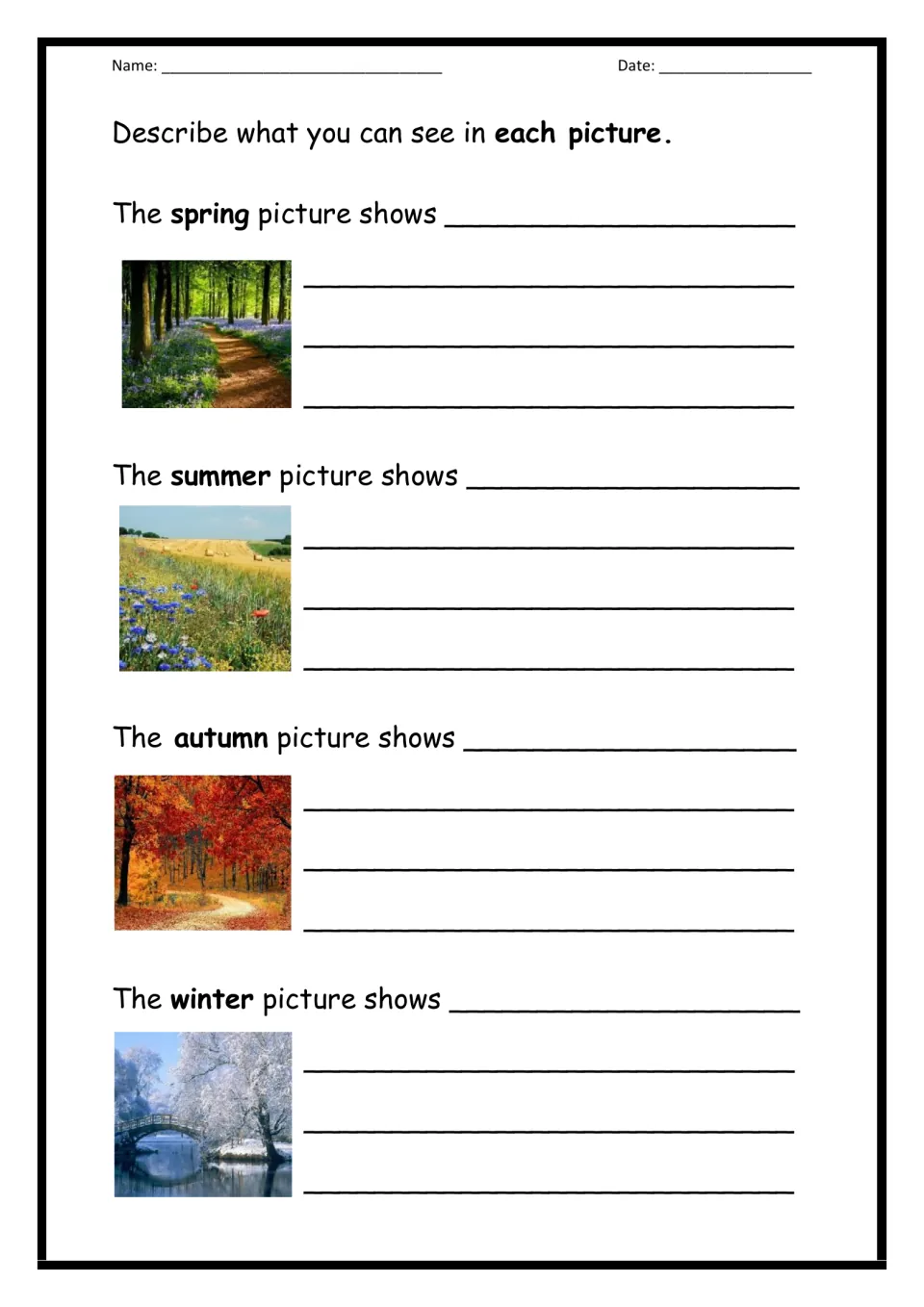 Describing the seasons: students write what they see in each spring, summer, autumn and winter photo using sentence starters