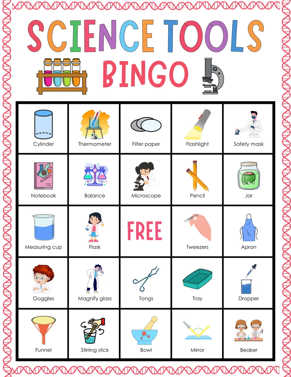 Science tools bingo card 1: students mark labeled pictures such as cylinder, thermometer, filter paper and flashlight