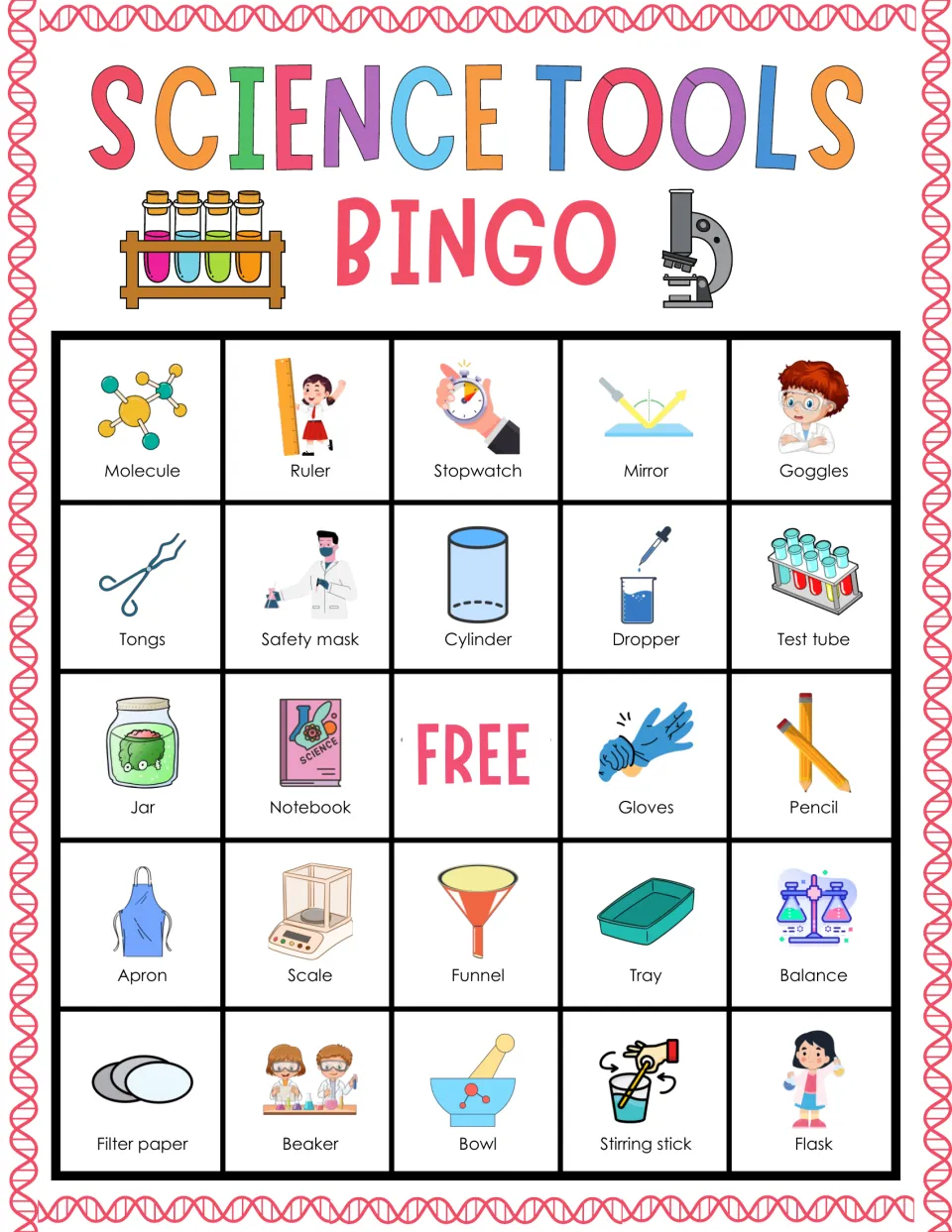 Science tools bingo card 2: students match called words to pictures like molecule, ruler, stopwatch and test tube