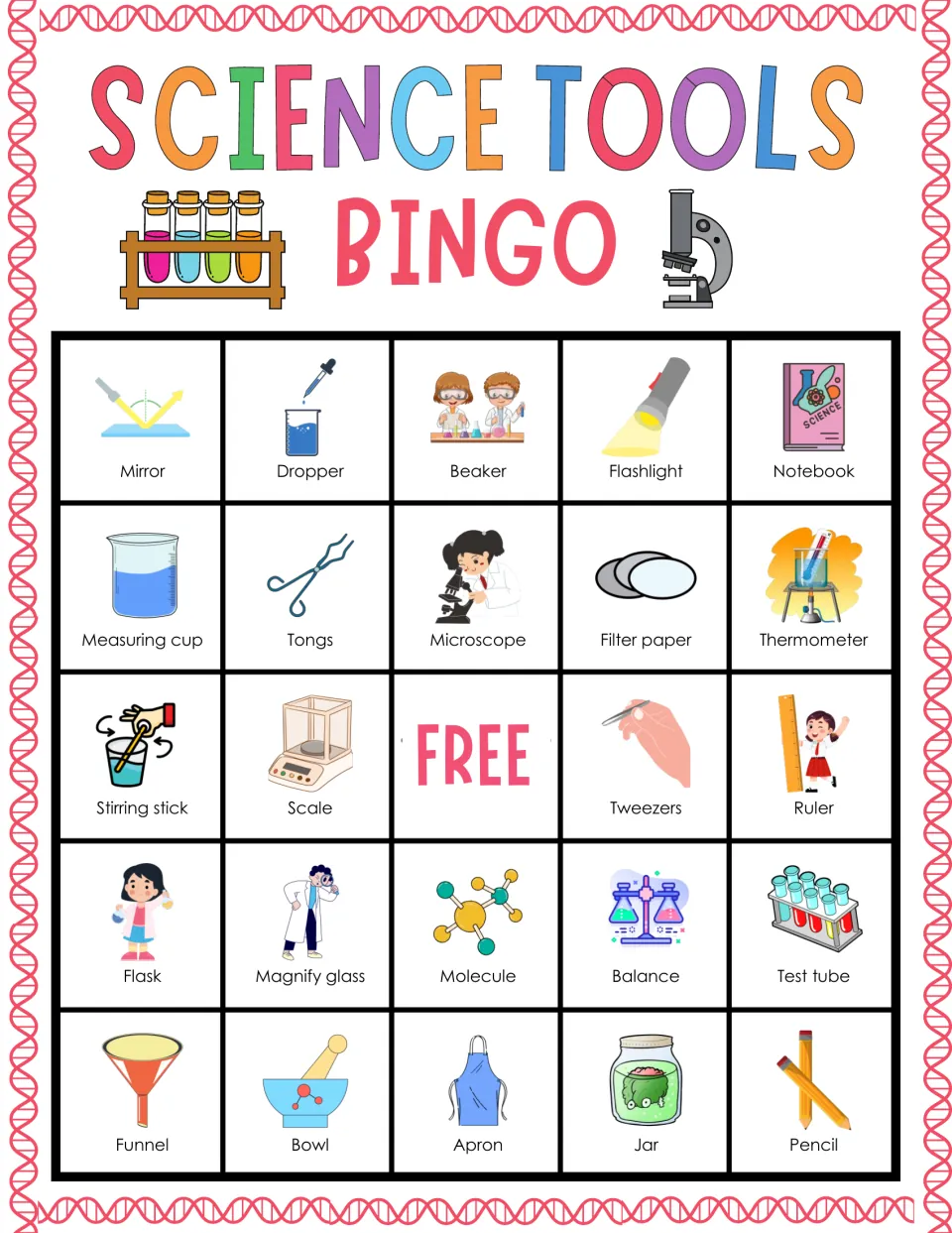 Science tools bingo card 3: identifying lab equipment such as mirror, dropper, beaker, flashlight and notebook