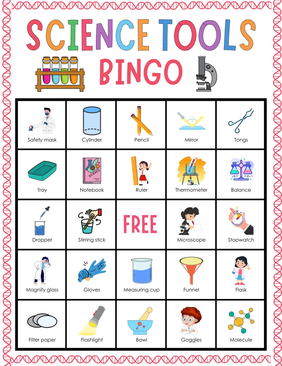 Science tools bingo card 4: students find pictured safety mask, cylinder, pencil, tongs and a FREE center space