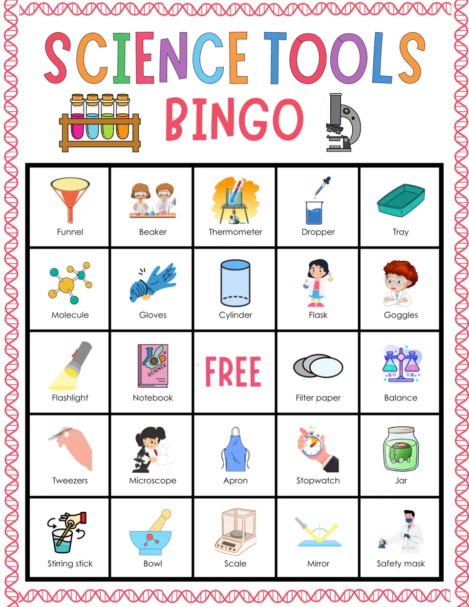 Science tools bingo card 5: vocabulary practice naming pictured funnel, beaker, gloves, goggles and tray
