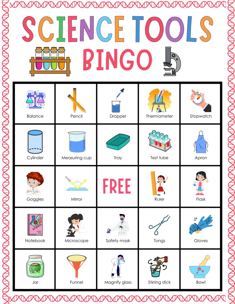 Science tools bingo card 6: lab safety items like apron, gloves and goggles mixed with balance, pencil and stopwatch