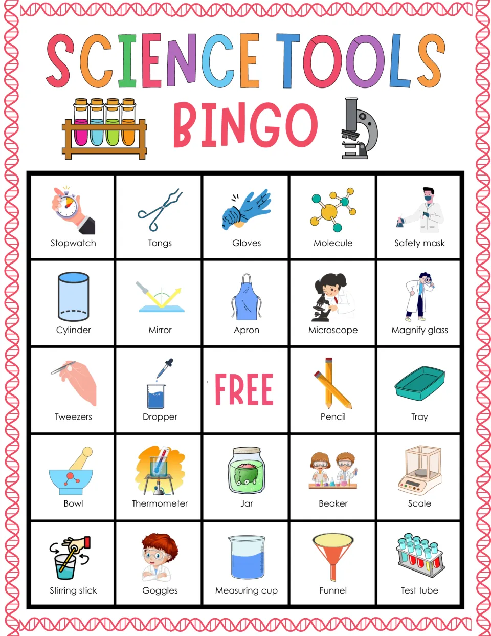 Science tools bingo card 7: students recognize stopwatch, tongs, gloves, molecule and magnify glass pictures