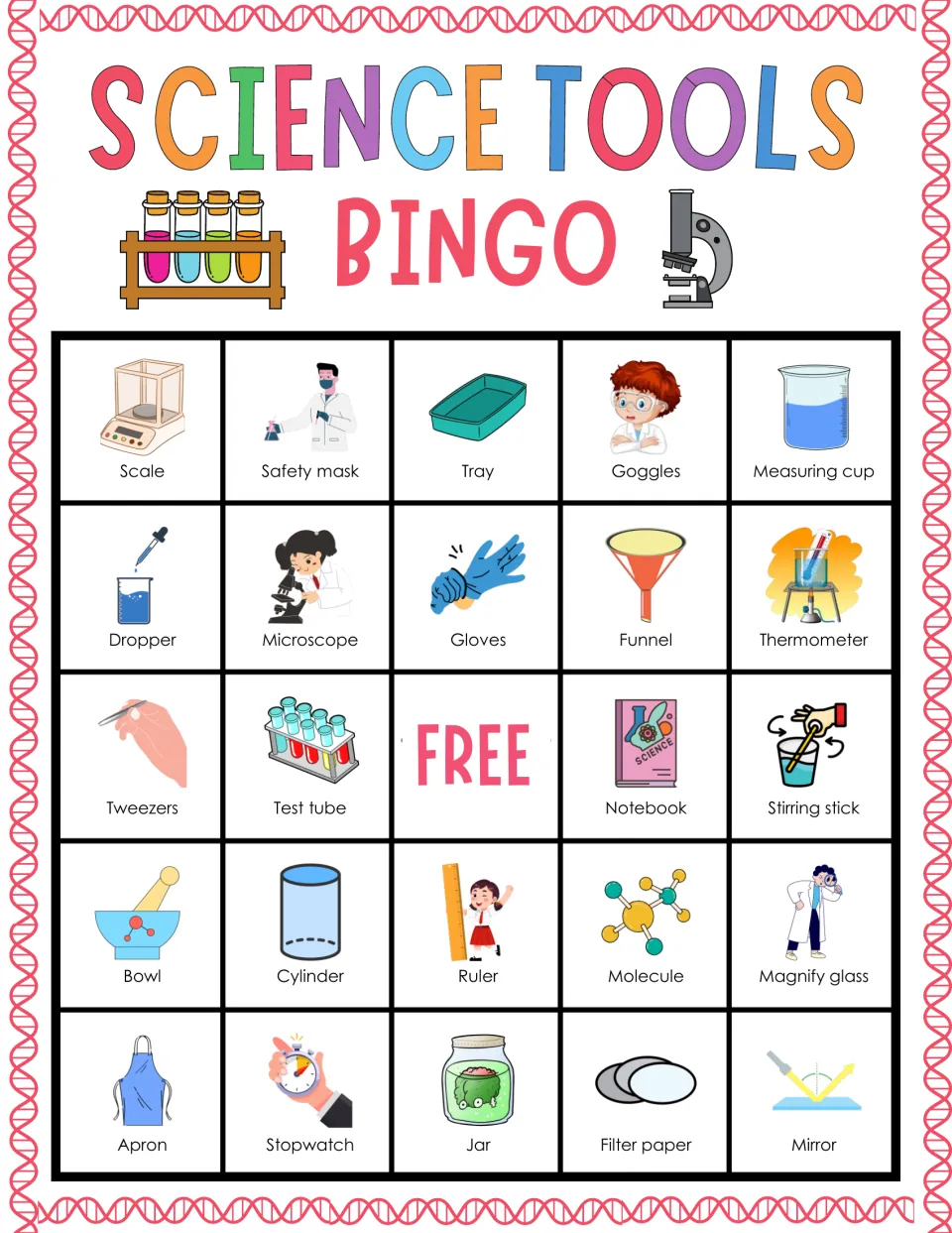 Science tools bingo card 8: lab tool vocabulary including scale, safety mask, tray, microscope and measuring cup
