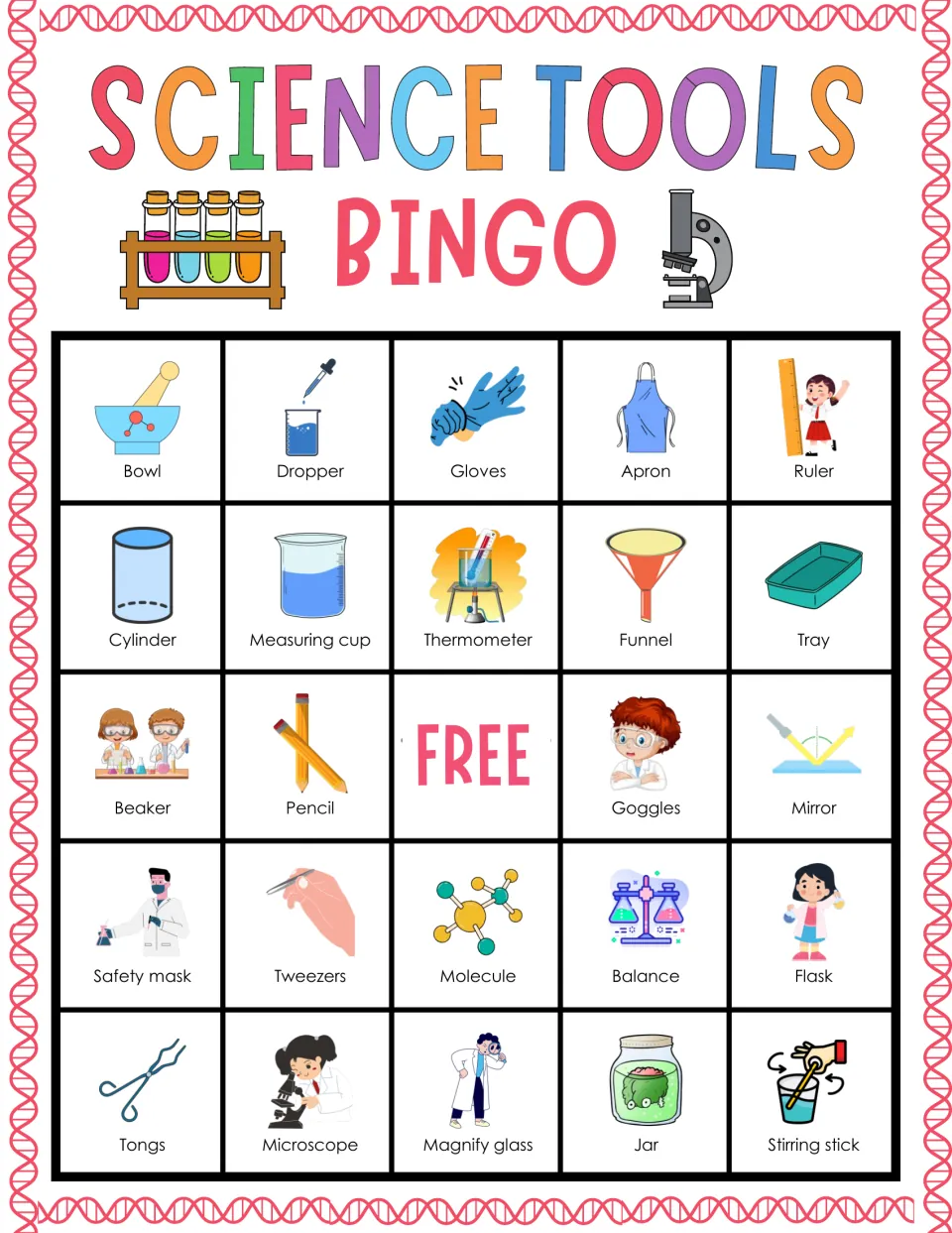 Science tools bingo card 9: students spot bowl, dropper, ruler, cylinder and tongs among labeled lab pictures