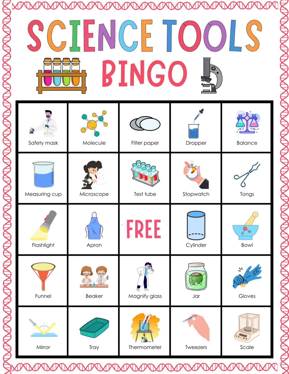 Science tools bingo card 10: naming equipment such as filter paper, test tube, flashlight, thermometer and scale