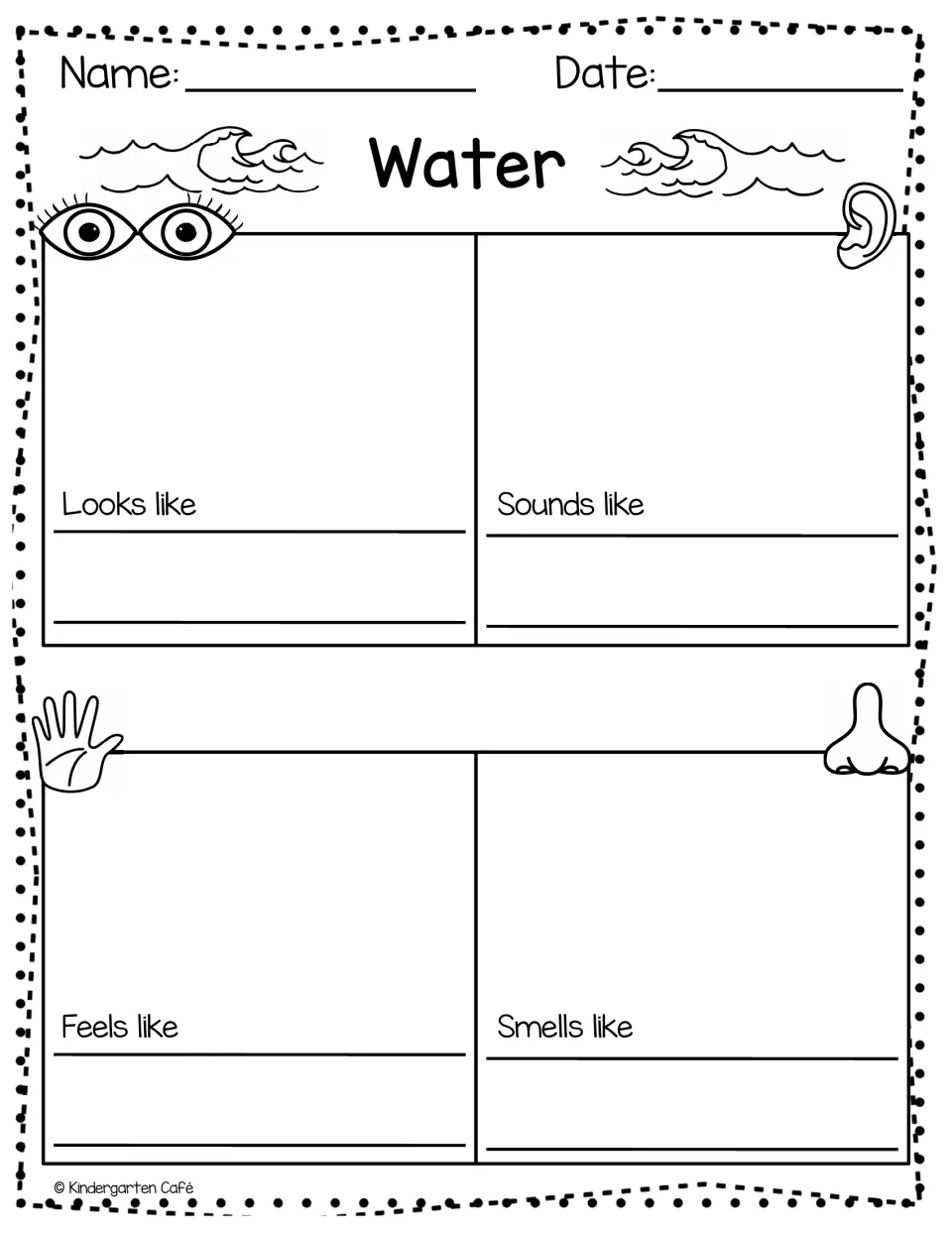 Water five senses chart: students record what water looks like, sounds like, feels like and smells like