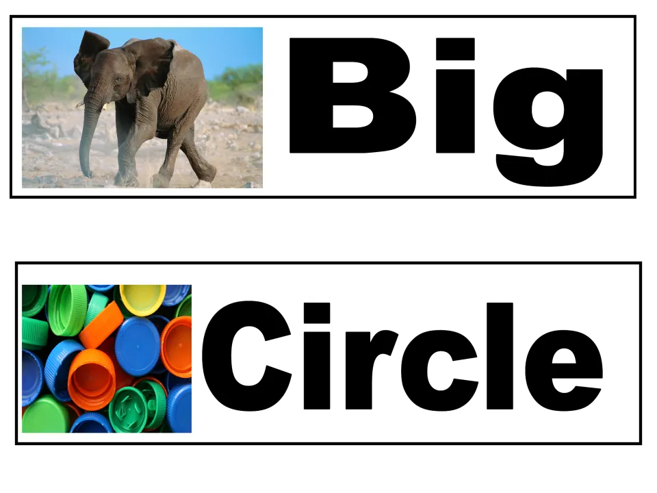 Describing words Big and Circle: a photo of an elephant and a photo of colorful round bottle caps next to each word