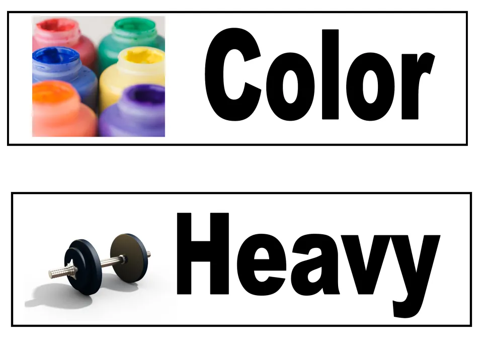 Describing words Color and Heavy: a photo of six paint jars in different colors and a photo of a dumbbell weight