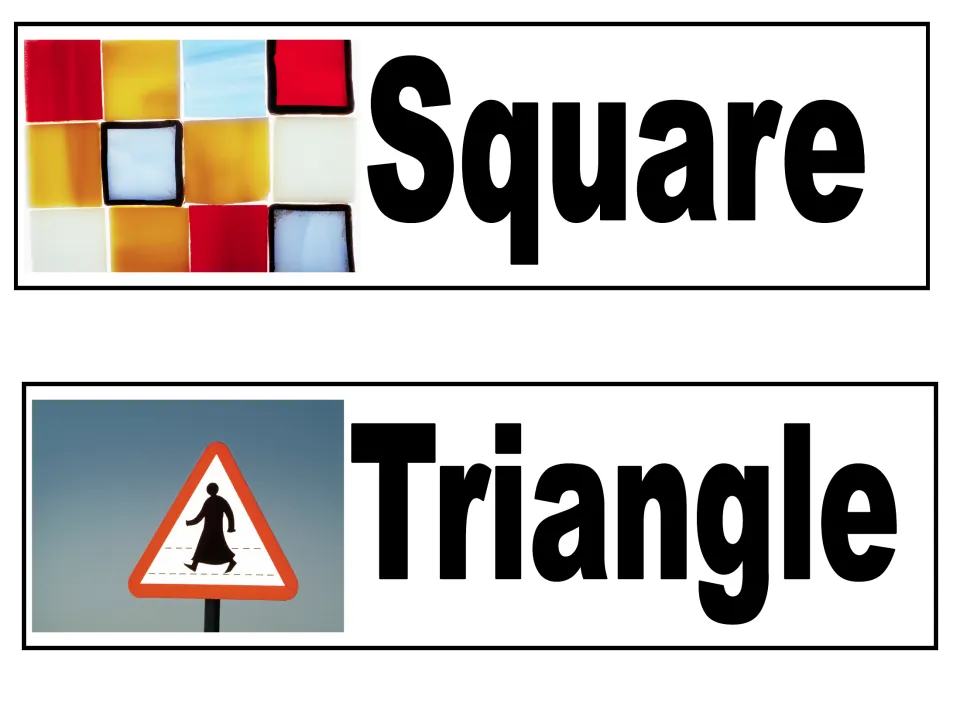 Shape words Square and Triangle: a photo of colored square tiles and a photo of a triangular road sign