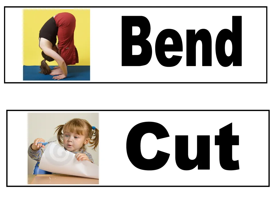 Action words Bend and Cut: a photo of a person bending forward over a mat and a photo of a child cutting paper