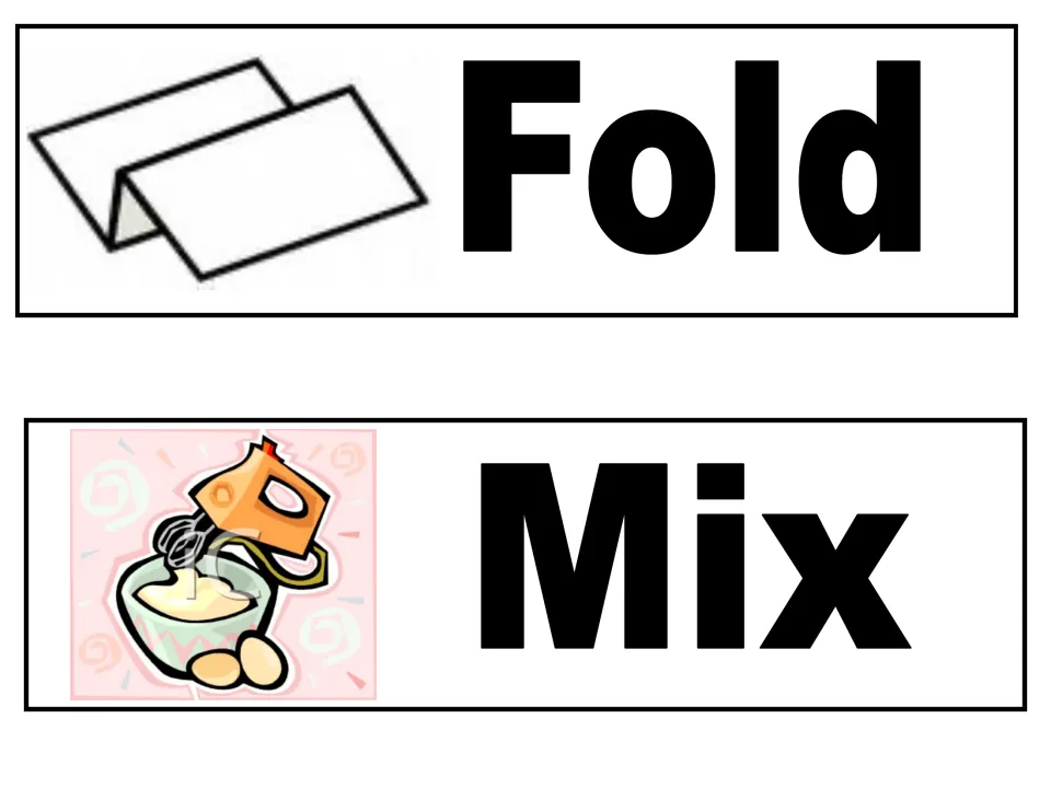 Action words Fold and Mix: a drawing of a folded sheet of paper and a drawing of a hand mixer and bowl with eggs