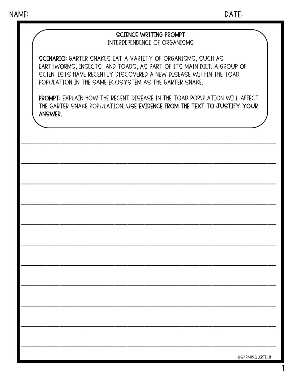 Interdependence writing prompt: explain how disease in toads affects garter snakes, using text evidence.