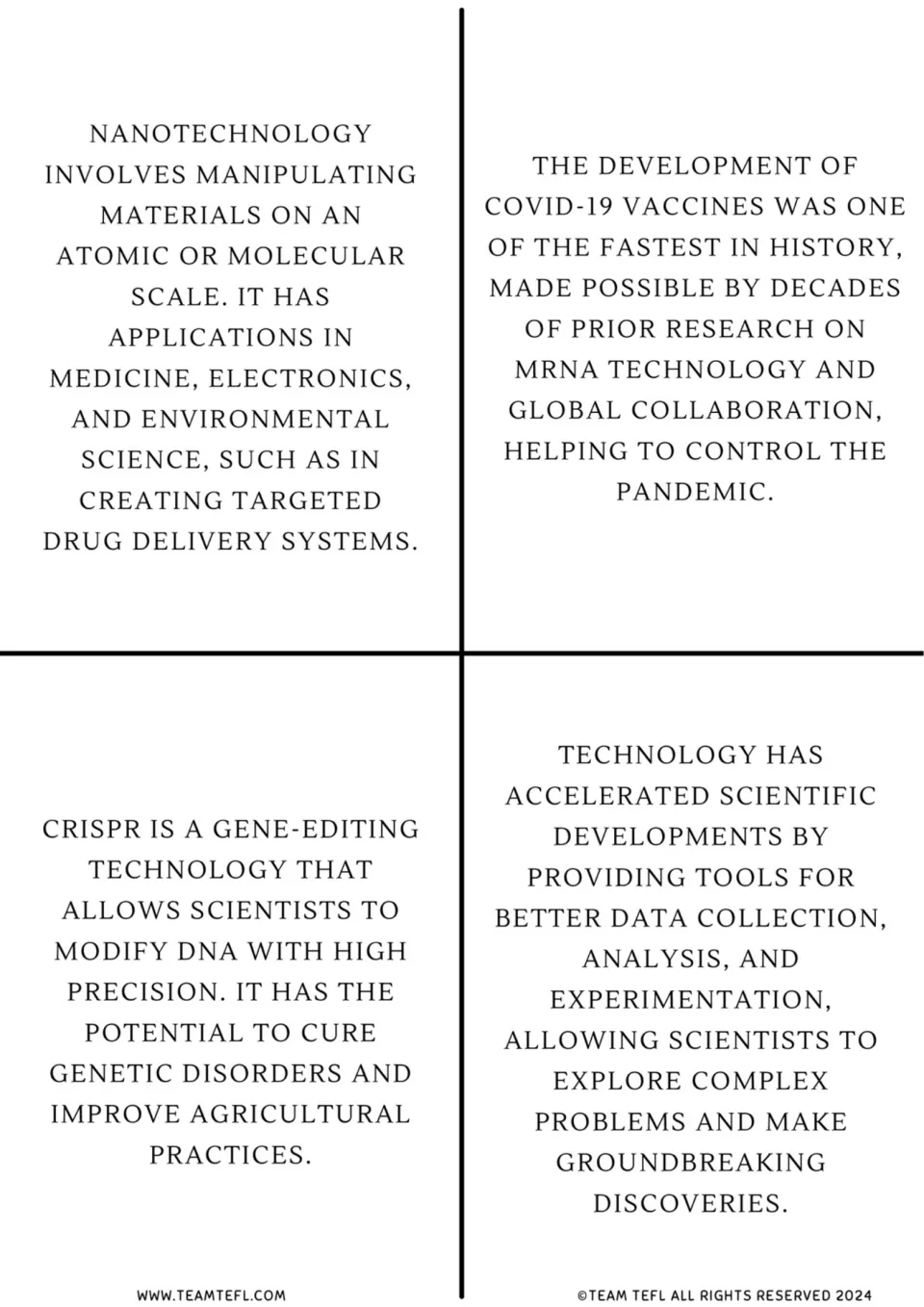 Science flashcards 1–4: nanotechnology, COVID-19 vaccines, CRISPR, and technology's role in research