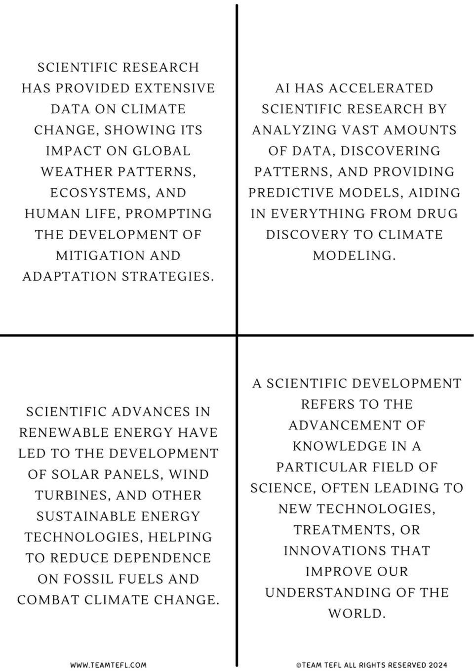 Science flashcards 5–8: climate research, AI, renewable energy, and the meaning of scientific development
