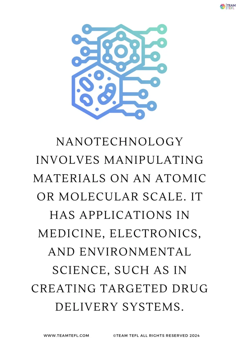 Illustrated science flashcard 1: nanotechnology manipulates materials at an atomic or molecular scale