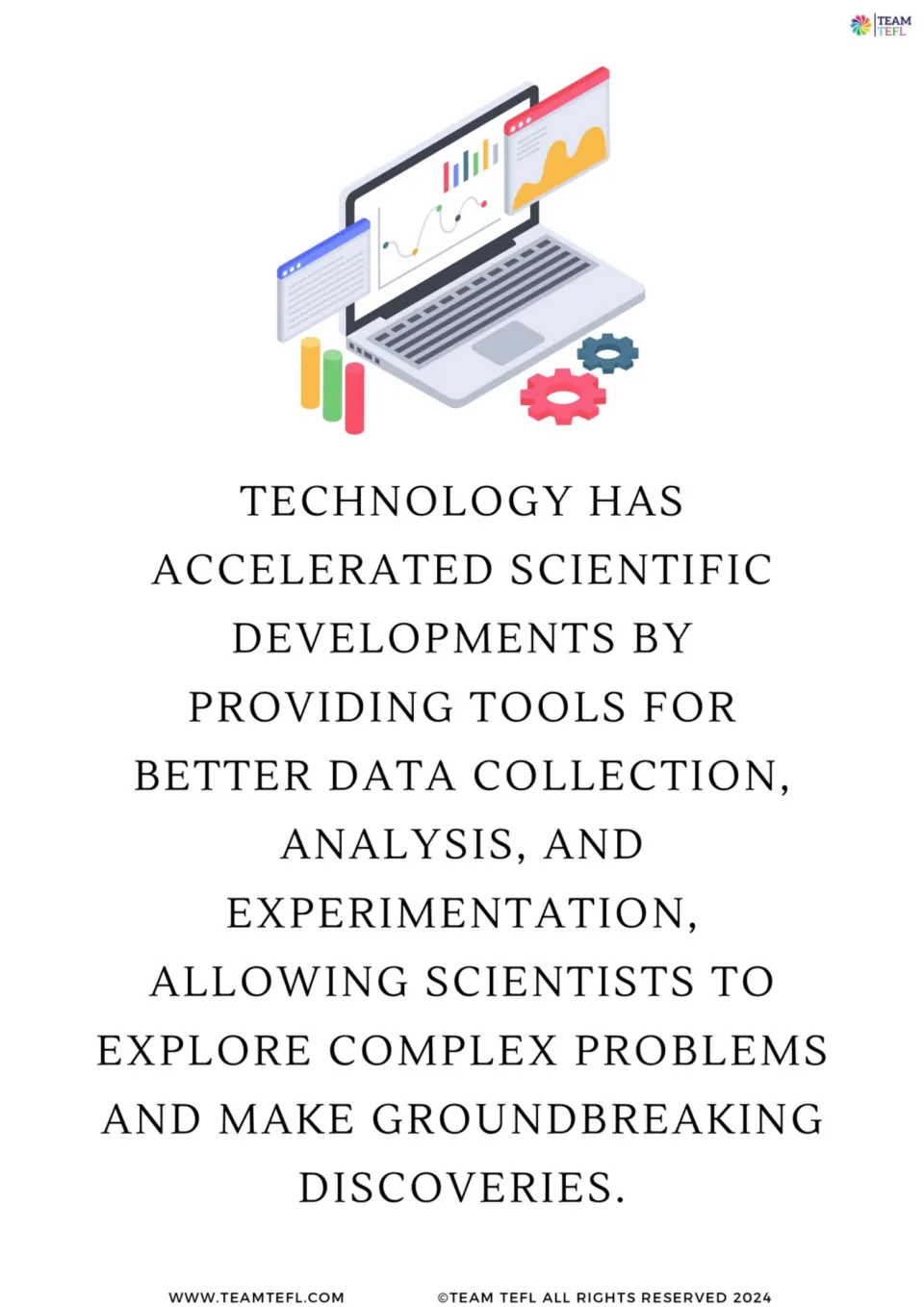 Illustrated science flashcard 4: technology advances research through data collection and experimentation