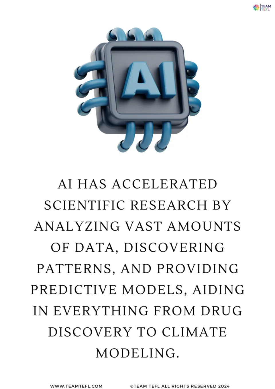 Illustrated science flashcard 6: AI analyzes data and finds patterns for drug discovery and climate modeling