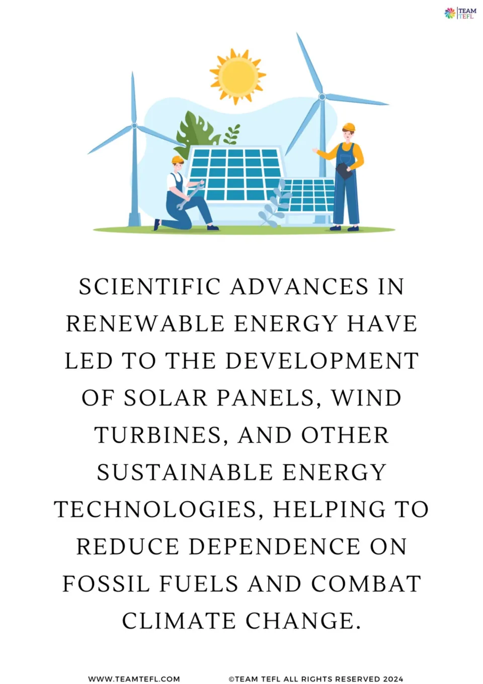 Illustrated science flashcard 7: solar panels and wind turbines help reduce dependence on fossil fuels