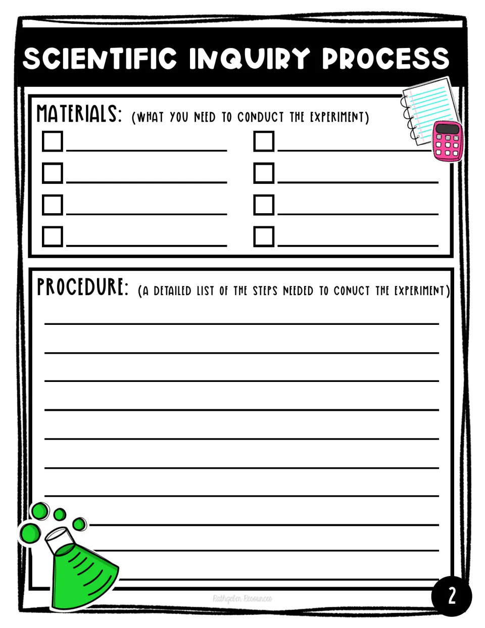 Experiment setup page: students check off a materials list of eight items and write a detailed step-by-step procedure